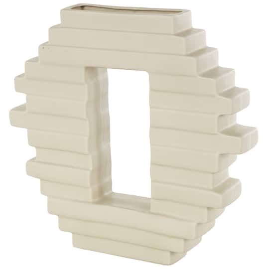 13" Cream Ceramic Abstract Decorative Vase with Rectangular Center Cutout